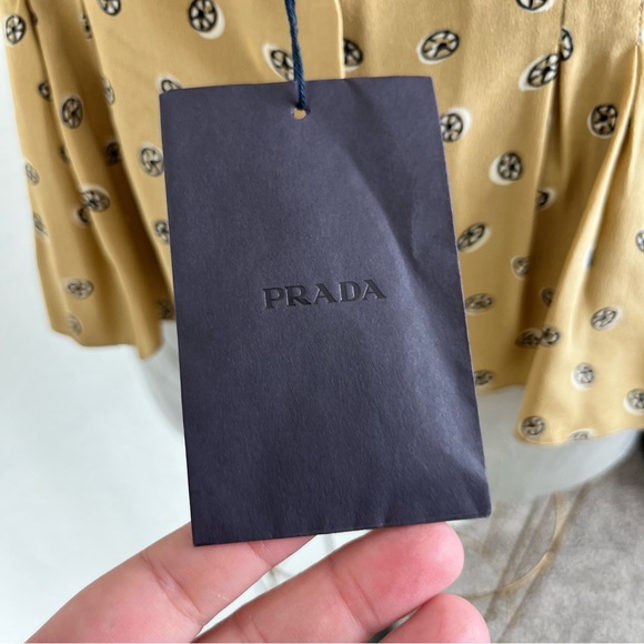 Prada Silk Circular Pattern Button Down Tan Short Sleeve Blouse Top - Picture 8 of 13
